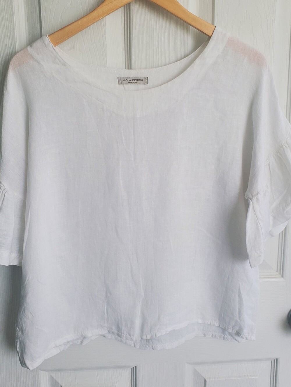 Viola Borghi Made In Italy 100% Linen Short Sleeve Ruffled Top Size Small Beachy